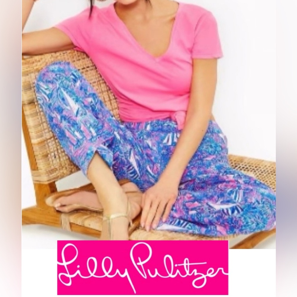 NWT Lilly Pulitzer Blue & Pink Deri Linen Palazzo Pants